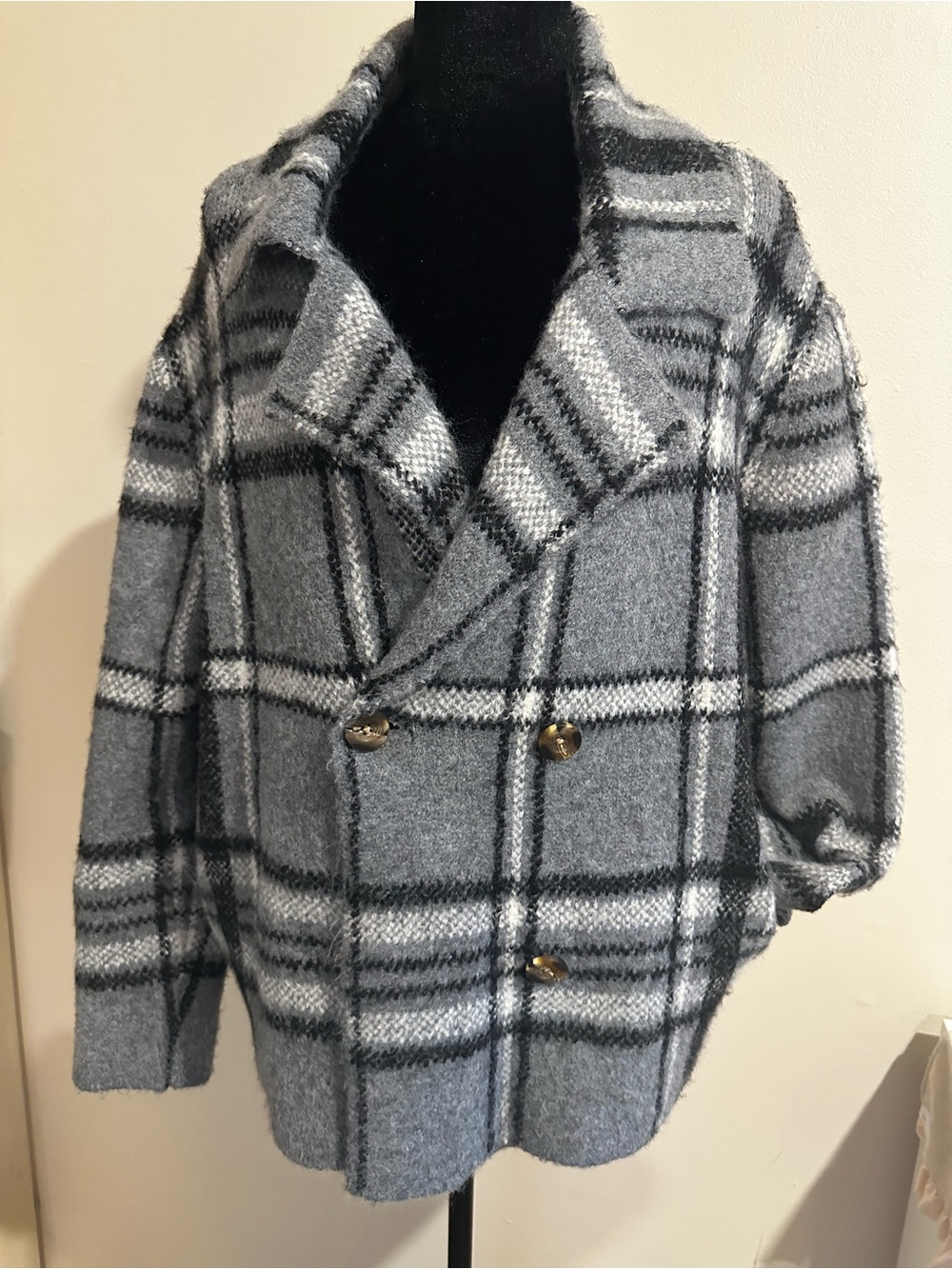 Gray Plaid Double-Breasted Women’s Sweater Coat